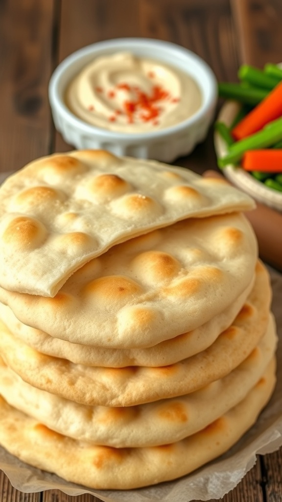No-Rise Pita Bread Recipe A stack of soft no-rise pita bread with a bowl of hummus and fresh vegetables on a wooden table.